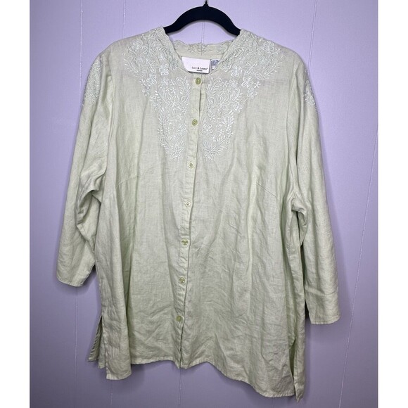 Lucy & Laurel Woman Plus Size 2X Green Blouse 100% Linen Button Up Embroidered - Picture 1 of 12